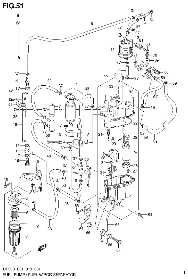 Suzuki DF200T, DF200Z, DF225T, DF225Z, DF250T, DF250Z FUEL PUMP / FUEL VAPOR SEPARATOR (DF250T E1) parts diagram